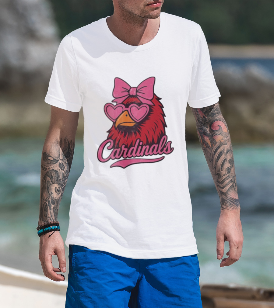 St Louis Cardinals Red Bird Pink Bow Heart Glasses T-Shirt