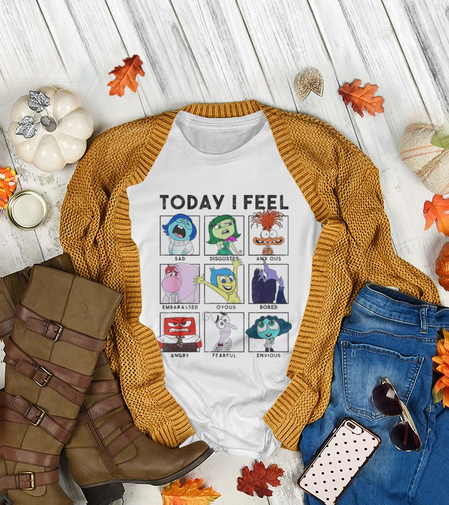Today I Feel Sad Disgusted Anxious Embarrassed Joyous Bored Angry Fearful Envious Inside Out Emotions Chart T-Shirt