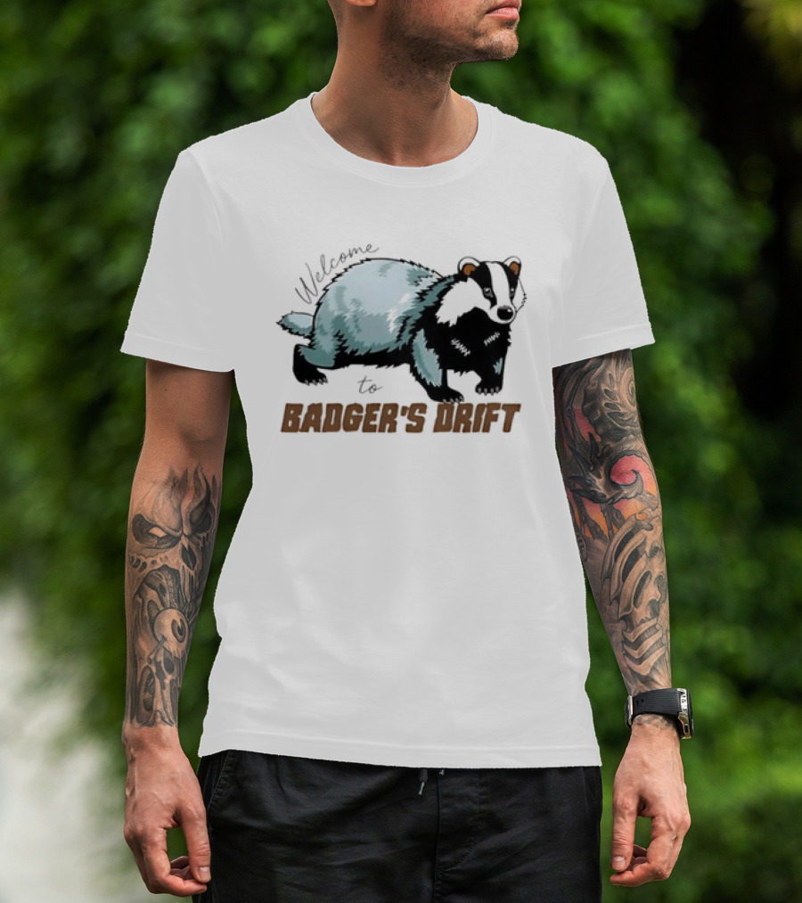 Welcome To Badger's Drift Cartoon Badger Walking Black And White Fur T-Shirt
