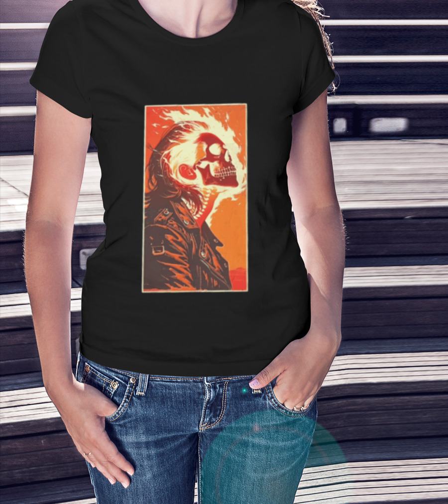 Burnout Flaming Skull Leather Jacket Man Fiery T-Shirt