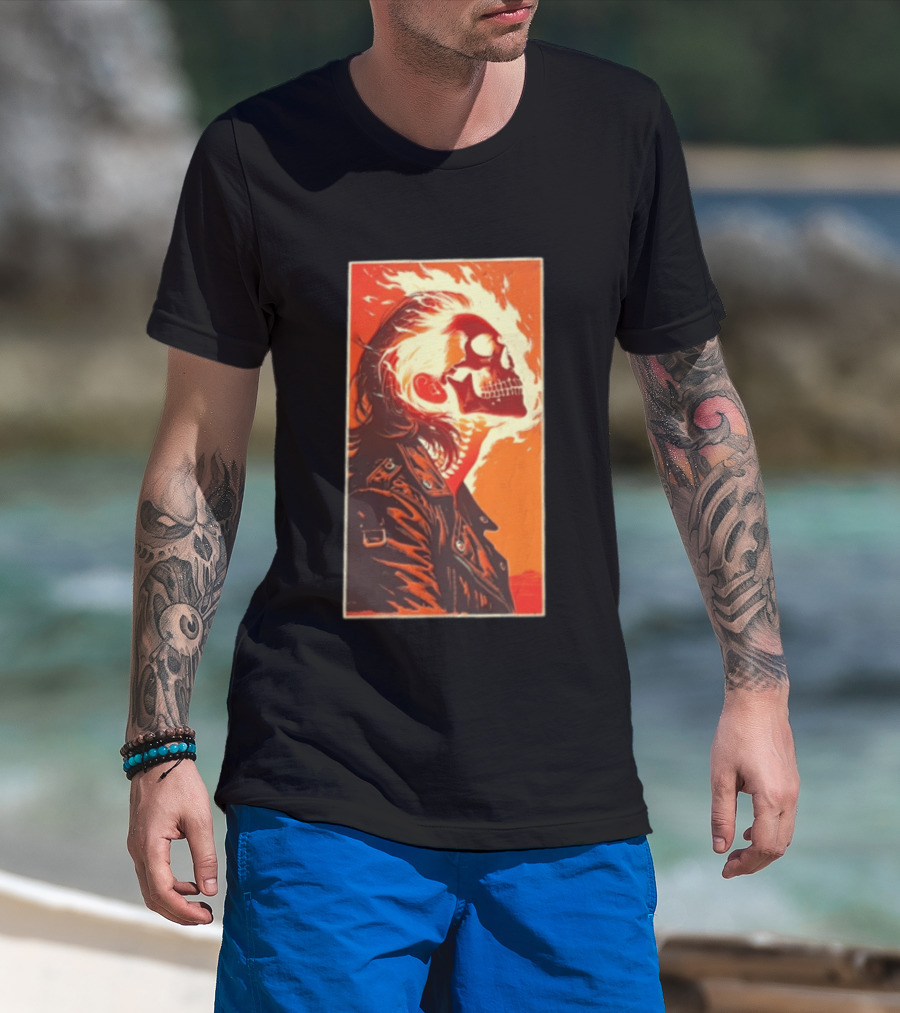 Burnout Flaming Skull Leather Jacket Man Fiery T-Shirt