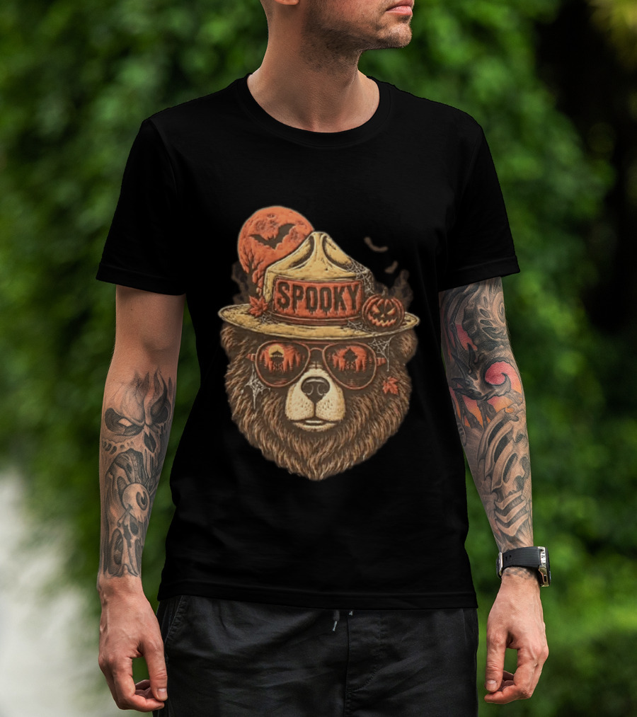 Smokey Bear Spooky Halloween Fire Lookout Forest Ranger Pumpkin Bats T-Shirt