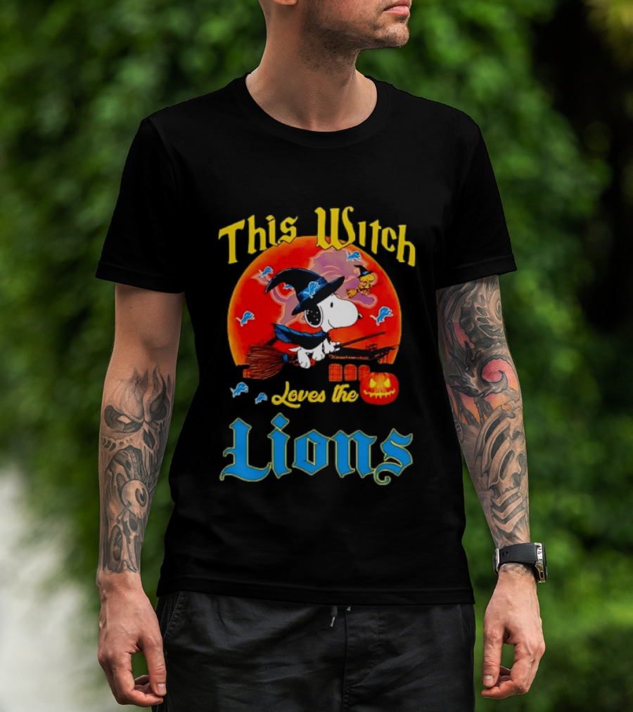 Snoopy This Witch Loves The Lions Halloween Pumpkin Broom Peanuts T-Shirt