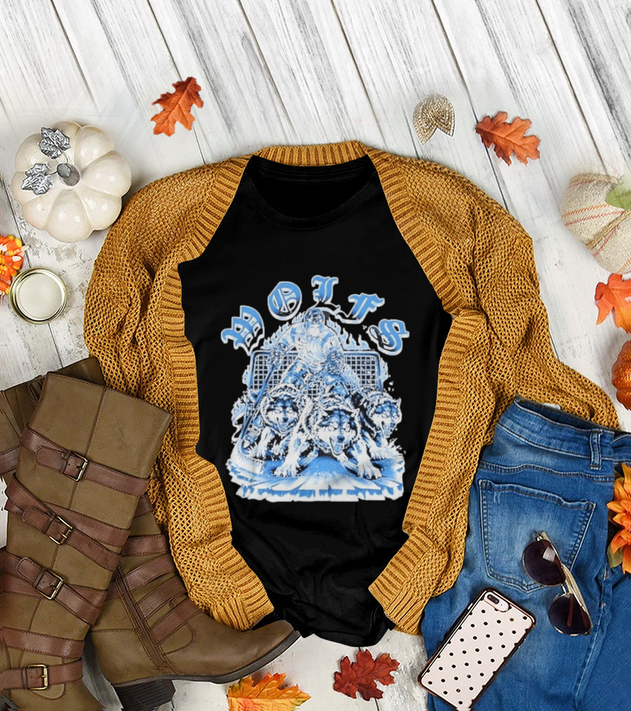 Motifs Wolf Hockey Skeleton Goalie With Three Wolves T-Shirt