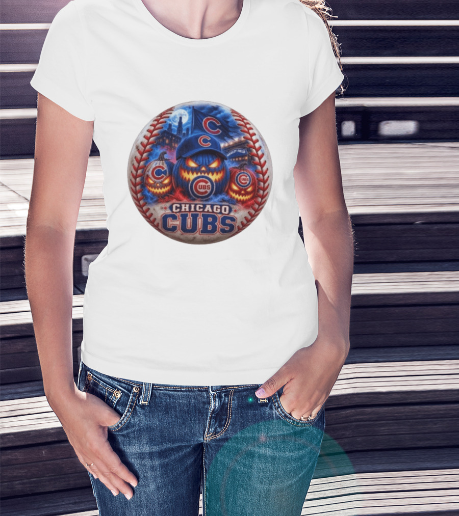 Chicago Cubs Wrigley Field Halloween Jack O' Lantern Baseball T-Shirt