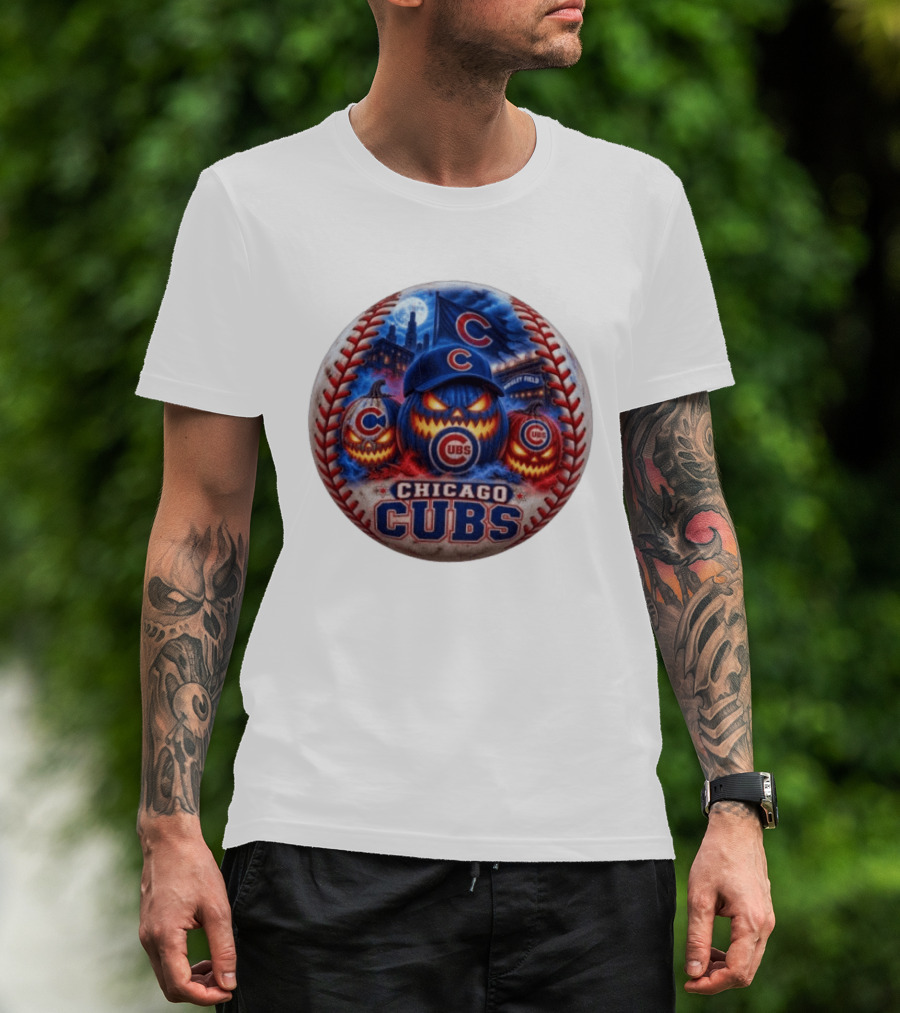 Chicago Cubs Wrigley Field Halloween Jack O' Lantern Baseball T-Shirt