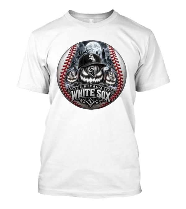 Chicago White Sox Halloween Jack O' Lantern Moonlit City Skyline Baseball T-Shirt
