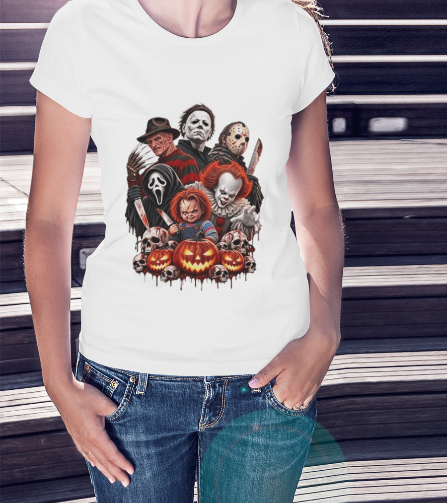 Freddy Krueger Michael Myers Jason Voorhees Ghostface Pennywise Chucky Horror Characters With Skull And Pumpkin Display T-Shirt