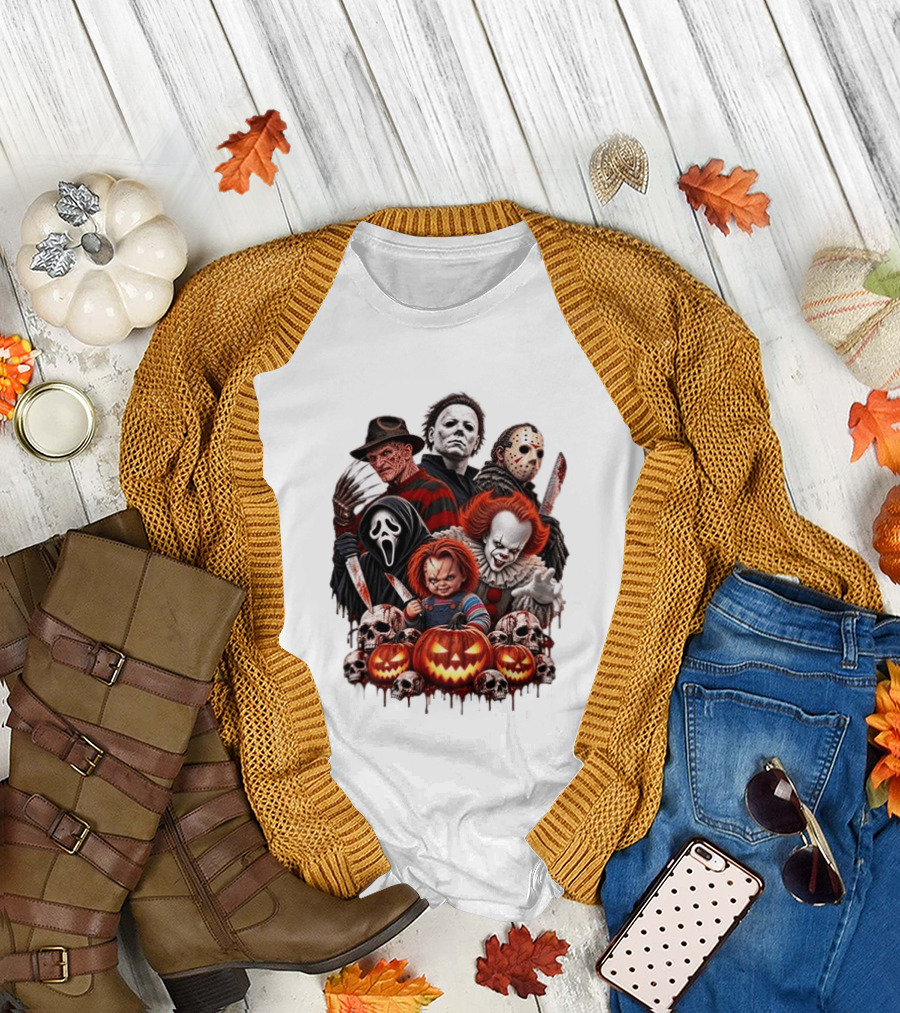 Freddy Krueger Michael Myers Jason Voorhees Ghostface Pennywise Chucky Horror Characters With Skull And Pumpkin Display T-Shirt
