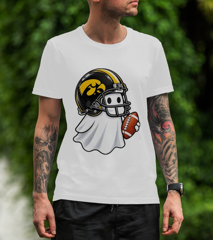Iowa Hawkeyes Football Ghost Halloween Holding Football T-Shirt