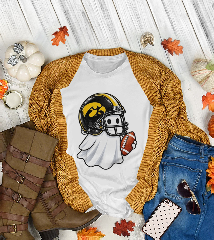 Iowa Hawkeyes Football Ghost Halloween Holding Football T-Shirt