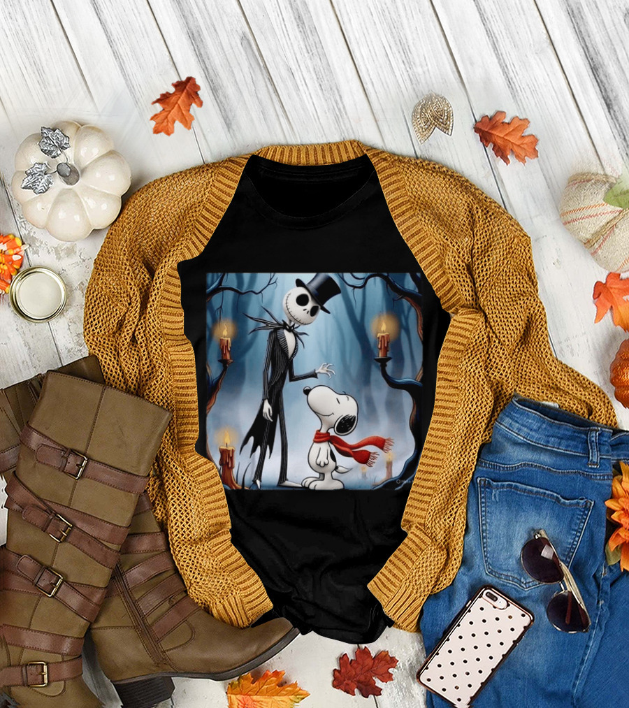 The Nightmare Before Christmas Jack Skellington And Snoopy Candles In Haunted Forest T-Shirt