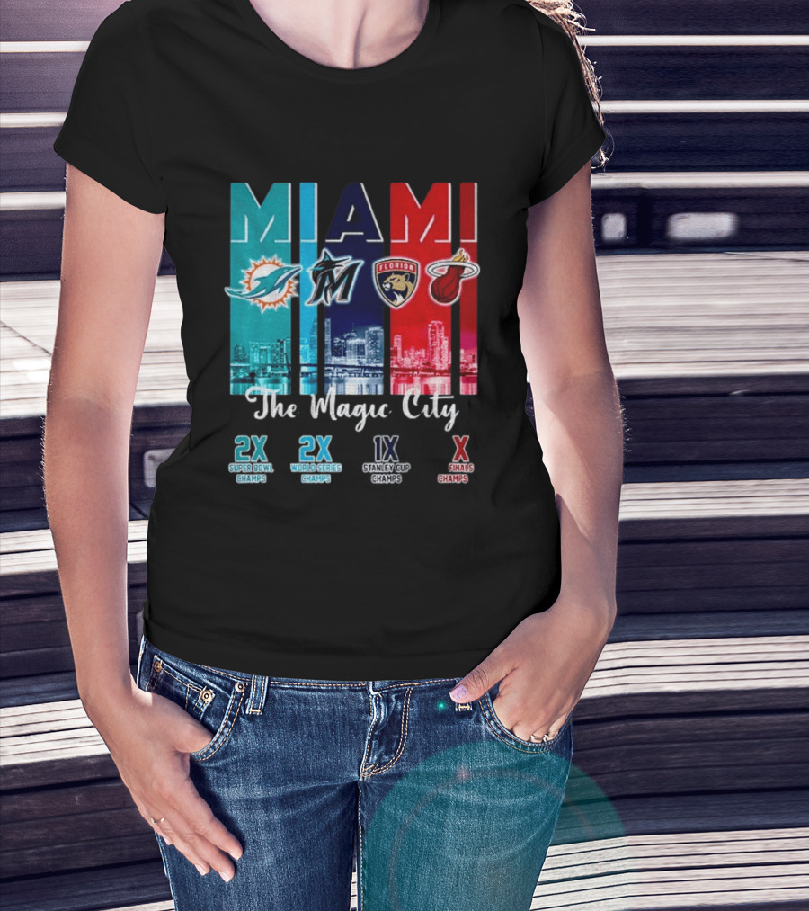MIAMI The Magic City Dolphins Marlins Panthers Heat Champs T-Shirt