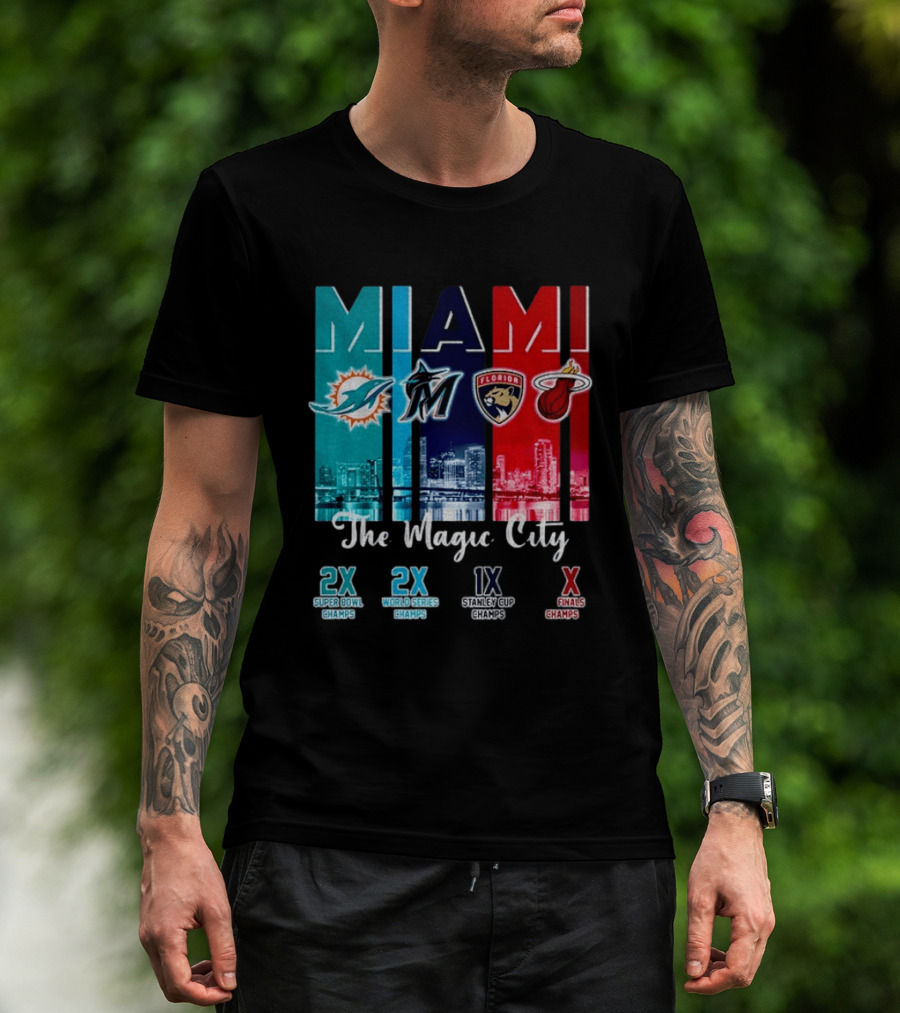 MIAMI The Magic City Dolphins Marlins Panthers Heat Champs T-Shirt