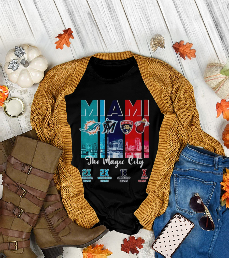 MIAMI The Magic City Dolphins Marlins Panthers Heat Champs T-Shirt