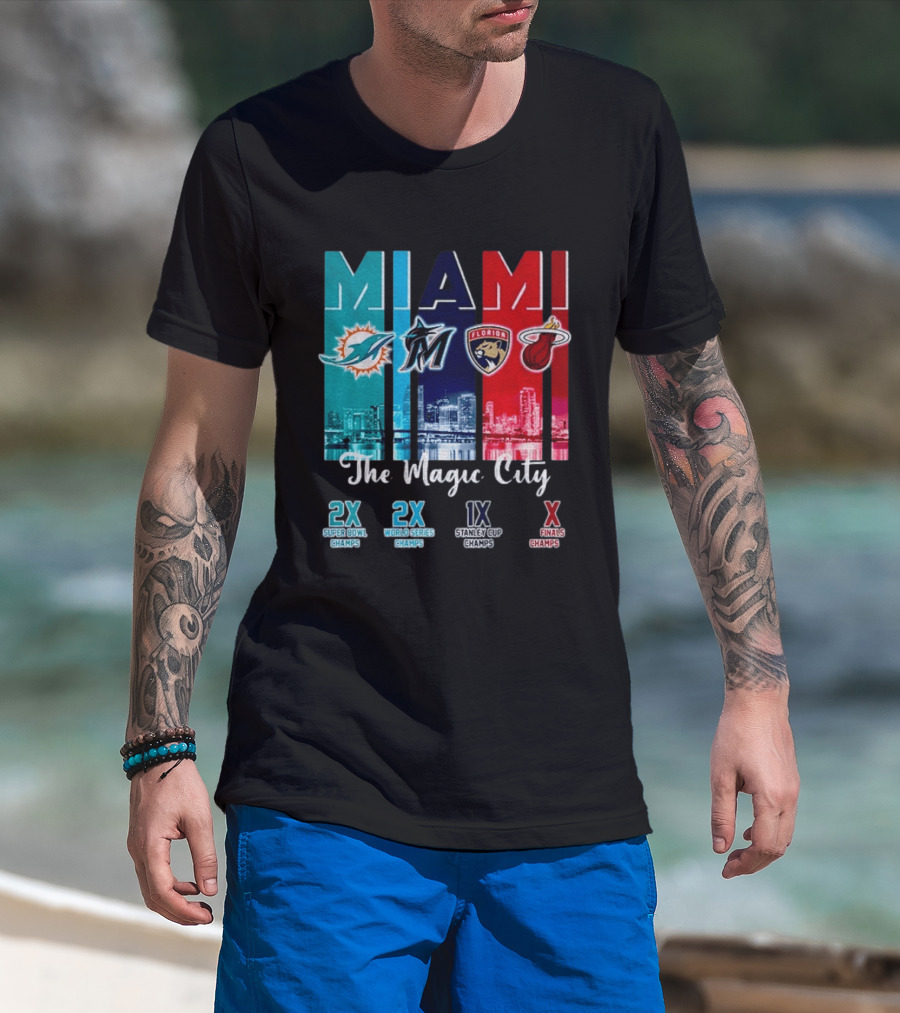MIAMI The Magic City Dolphins Marlins Panthers Heat Champs T-Shirt