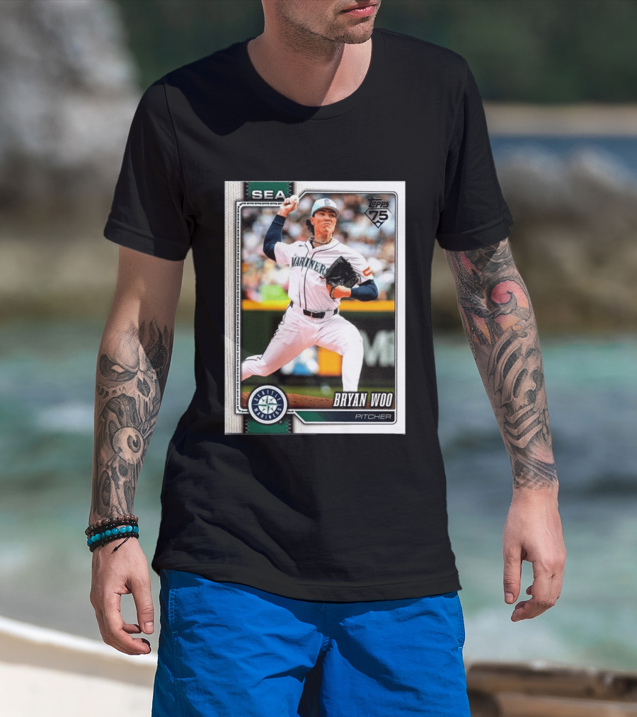 2026 Topps 75th Anniversary Seattle Mariners Bryan Woo Pitcher SEA T-Shirt