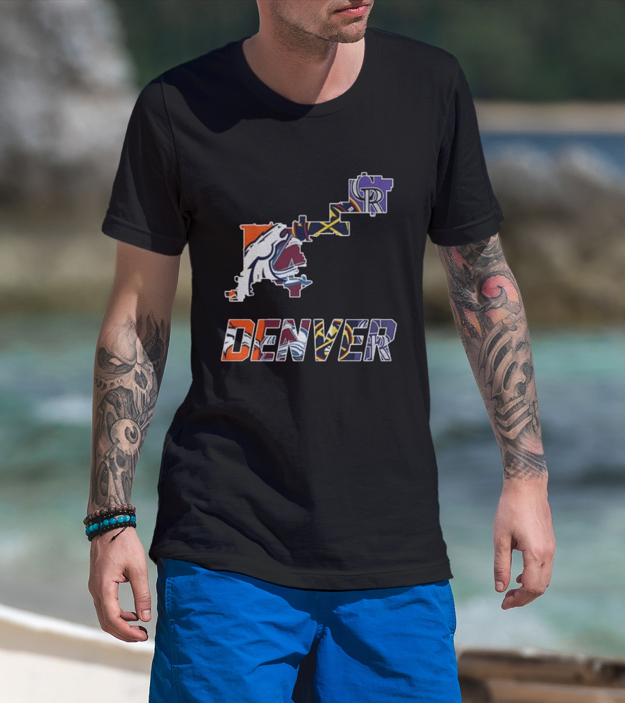 Denver Broncos Nuggets Avalanche Rockies Team Map T-Shirt