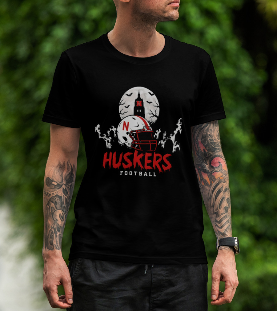 Nebraska Huskers Football Halloween Spooky Helmet Bats Moon 2026 T-Shirt