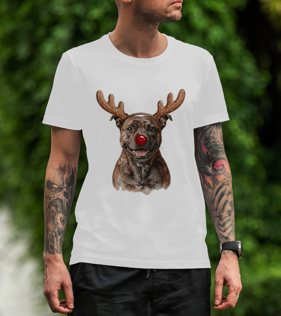 Brindle Pit Bull With Reindeer Antlers And Red Nose T-Shirt