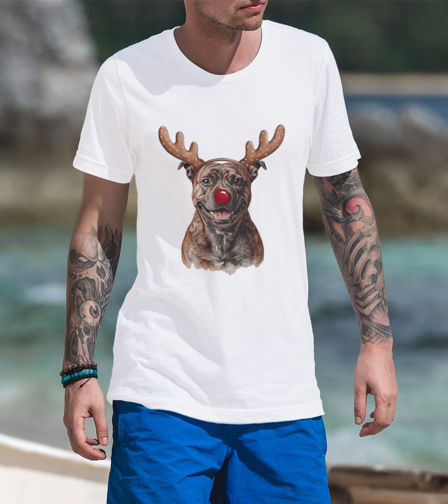 Brindle Pit Bull With Reindeer Antlers And Red Nose T-Shirt