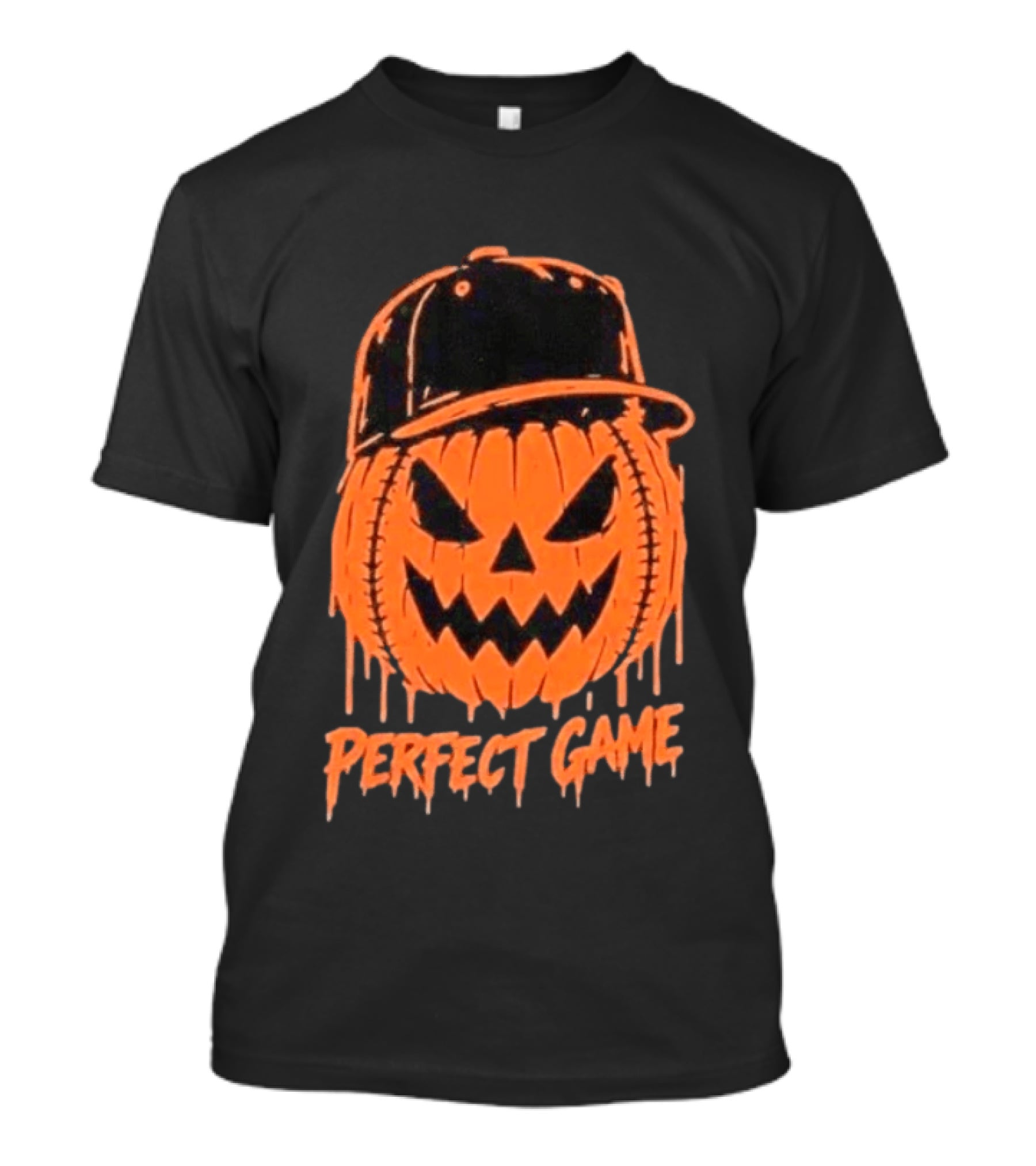 Perfect Game Halloween Pumpkin Baseball Hat Creepy Face T-Shirt