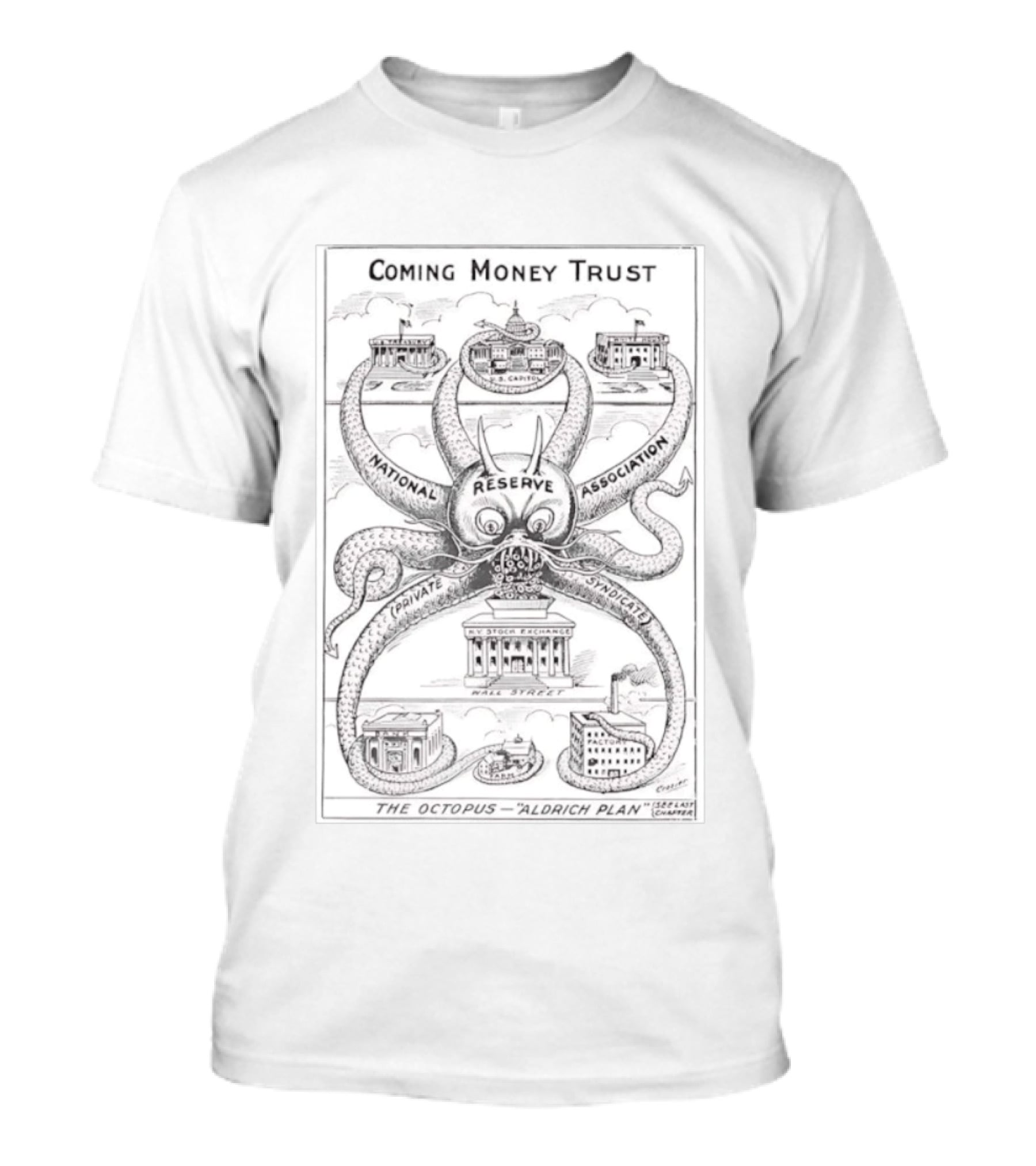Coming Money Trust Octopus Aldrich Plan National Reserve Association Political Cartoon T-Shirt