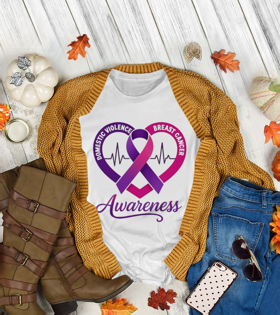 Domestic Violence And Breast Cancer Awareness Heart Ribbon Purple Pink T-Shirt
