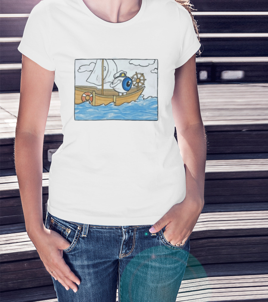 Eye Eye Captain Cartoon Eyeball Sailor Steering Ship Ocean Waves T-Shirt