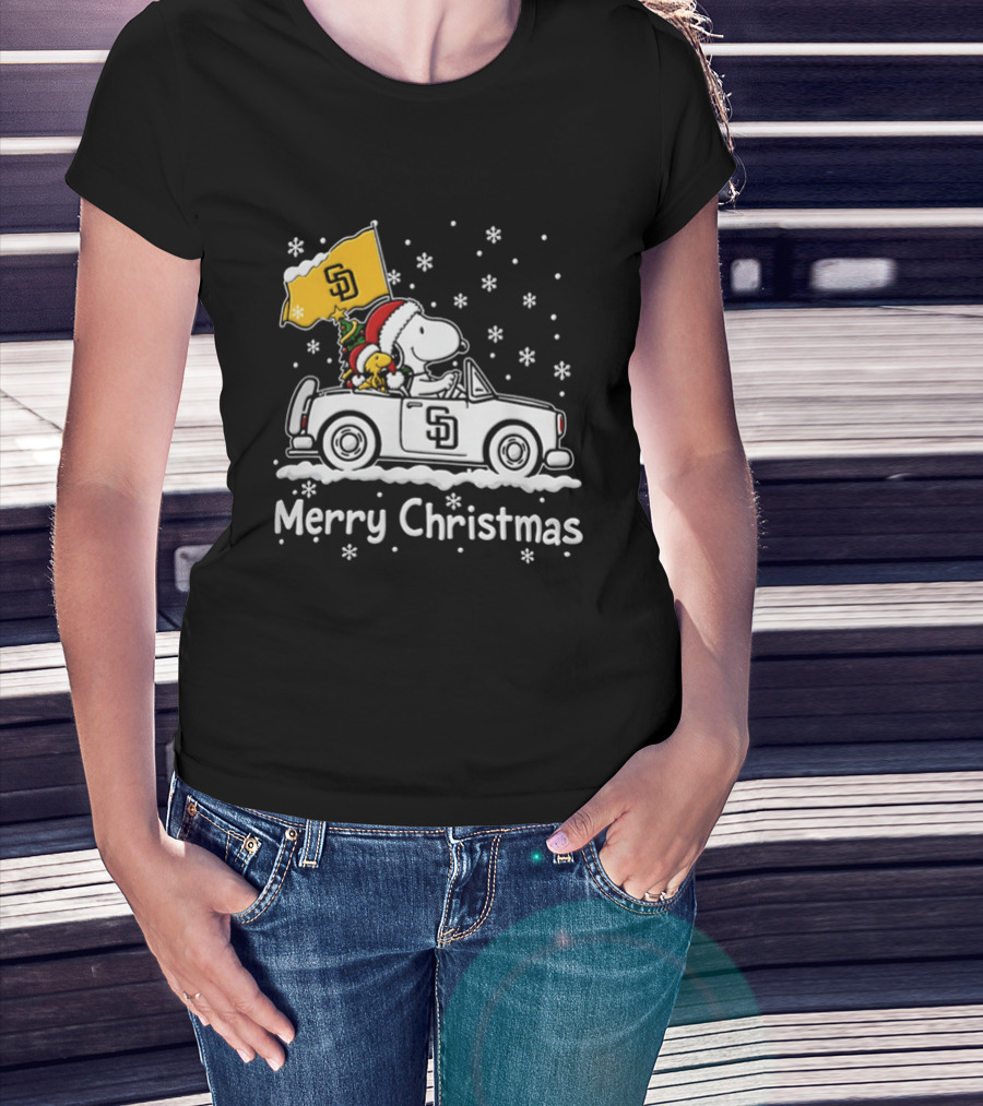 Snoopy And Woodstock Driving San Diego Padres Car Merry Christmas 2026 T-Shirt