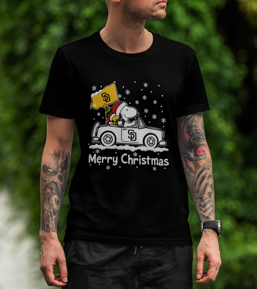 Snoopy And Woodstock Driving San Diego Padres Car Merry Christmas 2026 T-Shirt