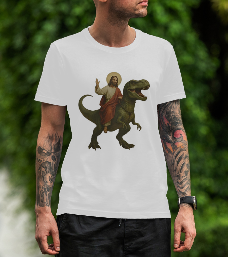 Jesus Riding Tyrannosaurus Rex Dinosaur T-Shirt