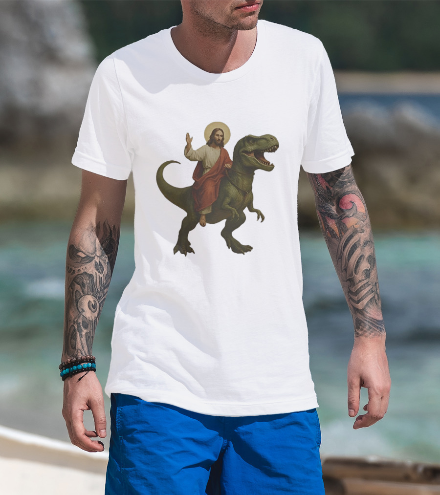 Jesus Riding Tyrannosaurus Rex Dinosaur T-Shirt