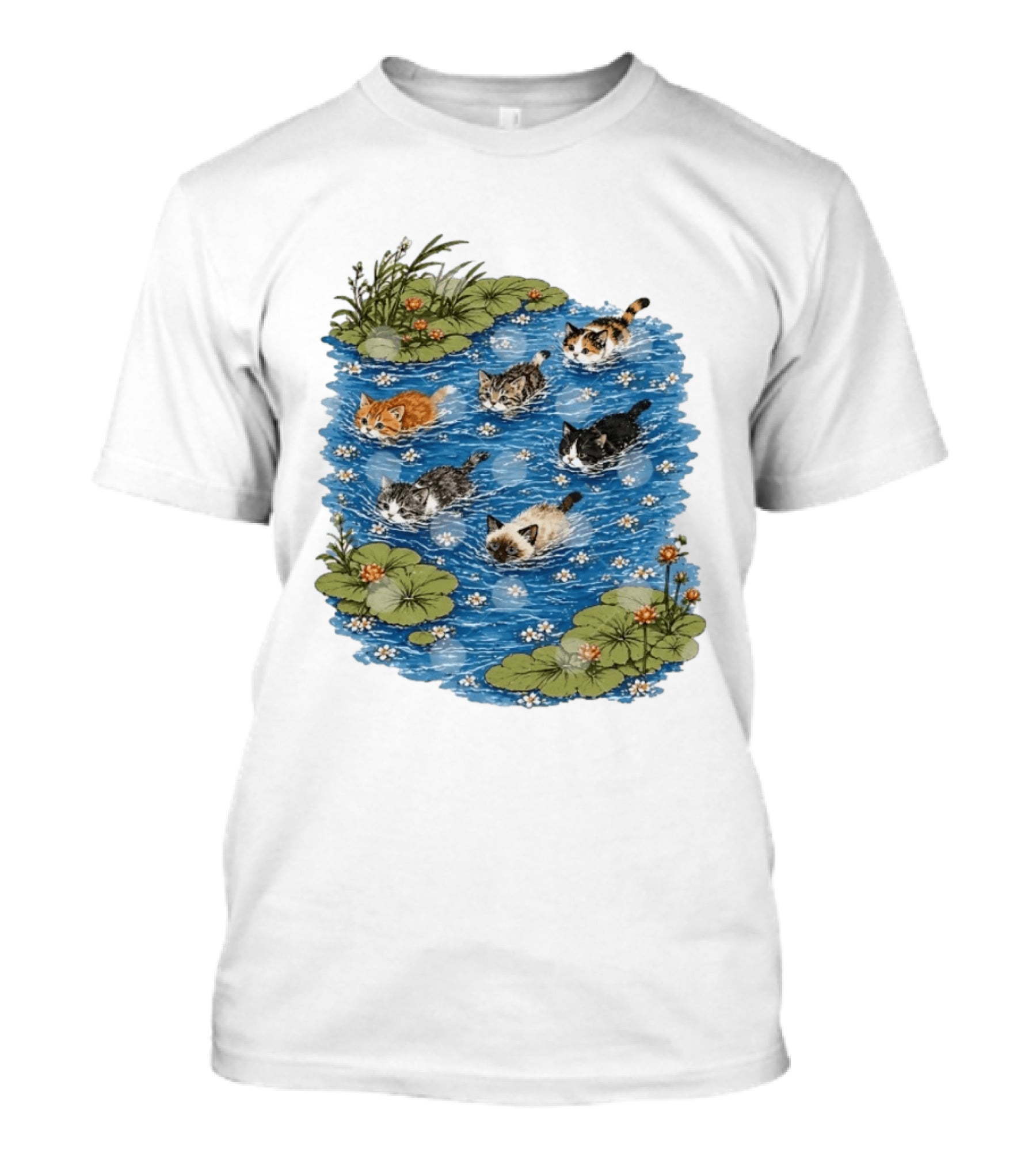 Kittens Swimming Among Water Lilies In Pond Scene T-Shirt