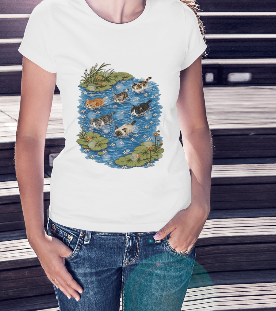 Kittens Swimming Among Water Lilies In Pond Scene T-Shirt