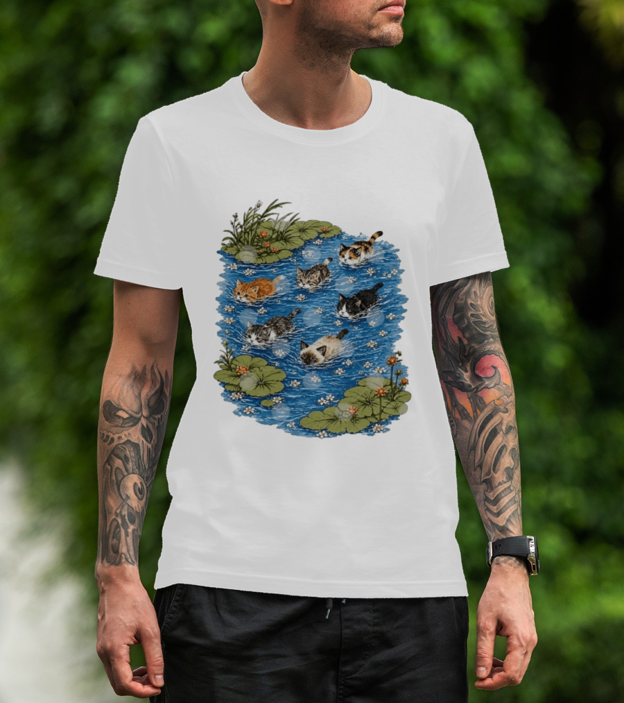 Kittens Swimming Among Water Lilies In Pond Scene T-Shirt