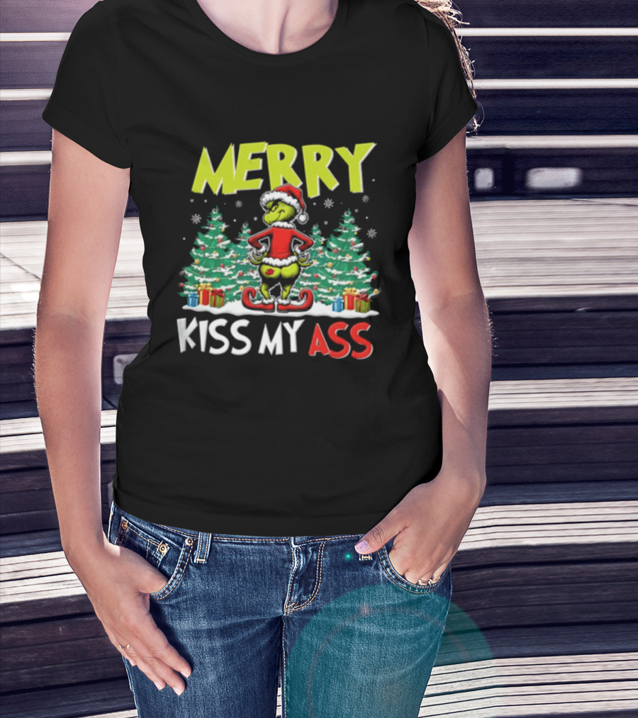 Merry Kiss My Ass Grinch Santa Outfit Mooning Christmas Trees And Gifts T-Shirt