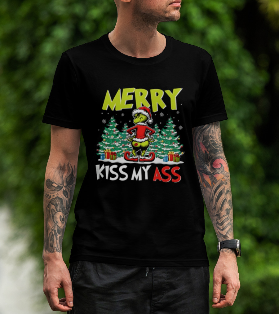 Merry Kiss My Ass Grinch Santa Outfit Mooning Christmas Trees And Gifts T-Shirt