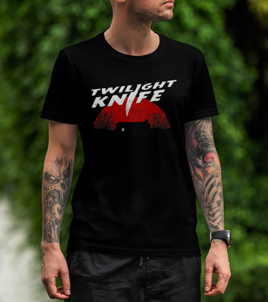Twilight Knife Red Moon With Trees And House T-Shirt