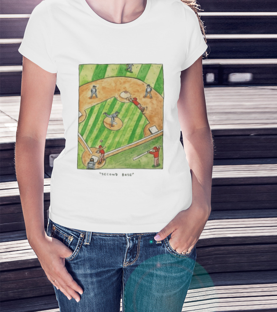 Second Base Baseball Cartoon Humor Action Play Scene T-Shirt