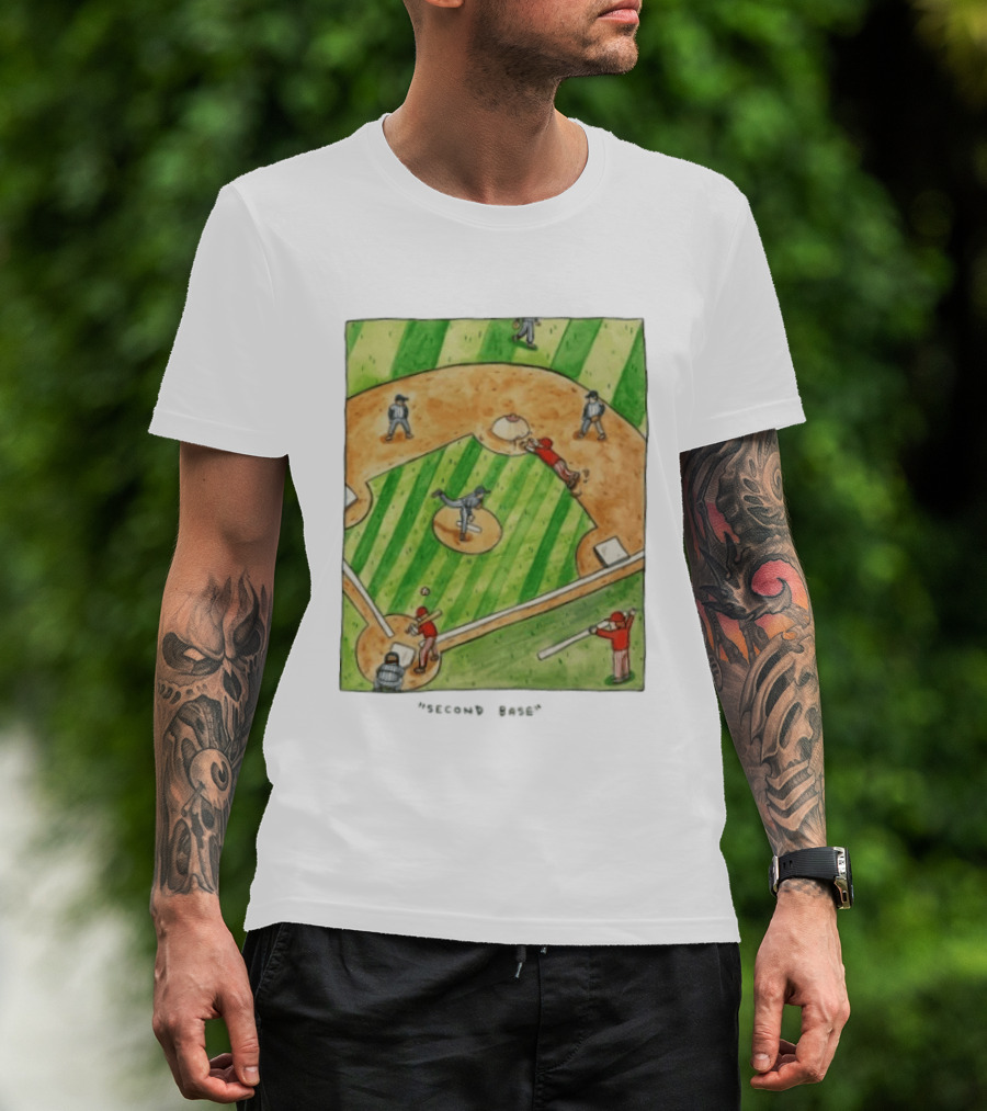 Second Base Baseball Cartoon Humor Action Play Scene T-Shirt