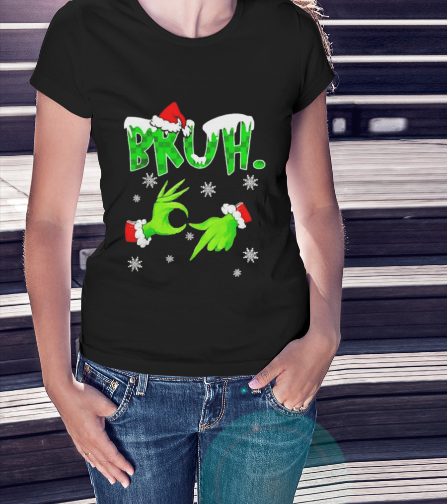 Bruh Grinch Hands Christmas Santa Hat Snowflakes T-Shirt