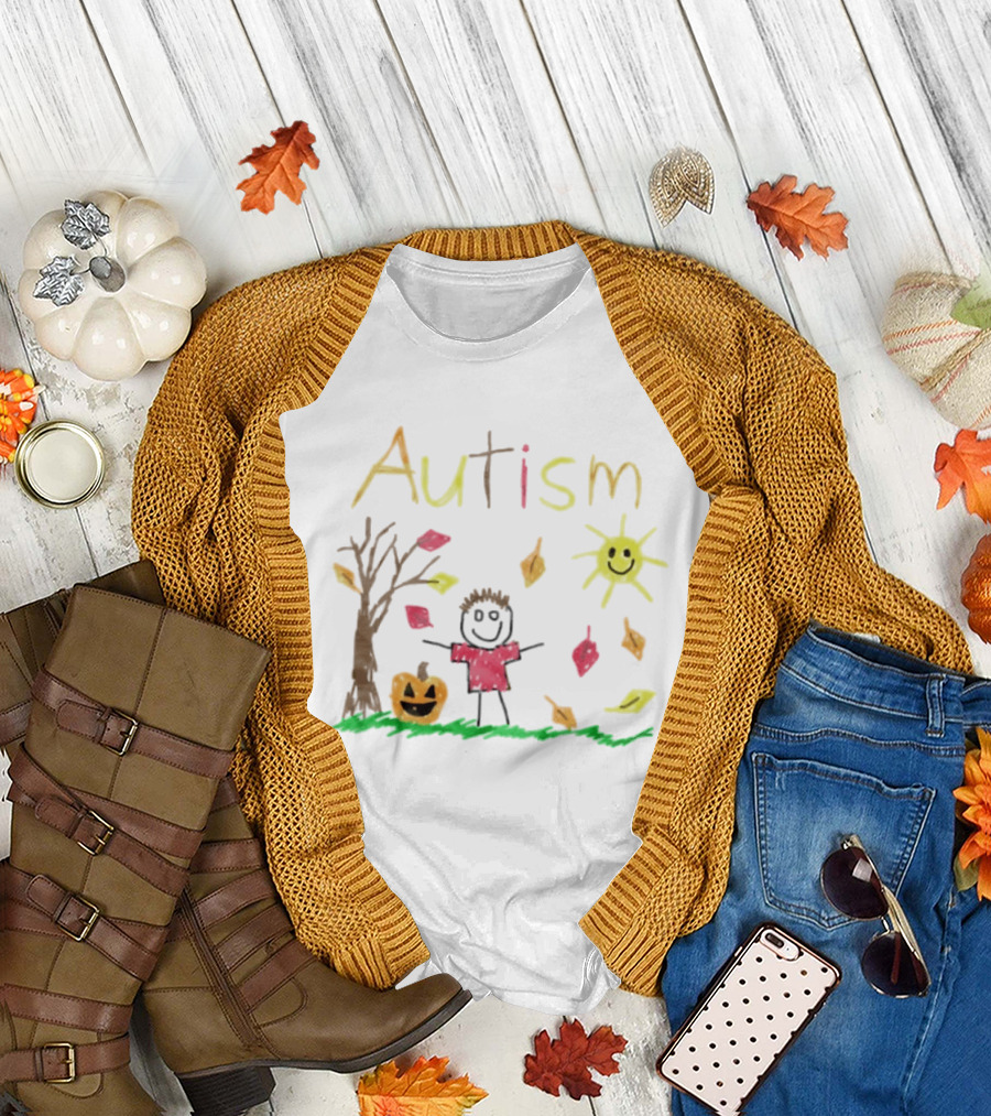 Autism Awareness Child With Pumpkin Autumn Leaves Sun And Tree T-Shirt