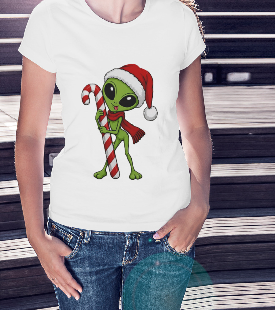 Green Santa Hat Alien With Red Scarf Holding Candy Cane Christmas T-Shirt