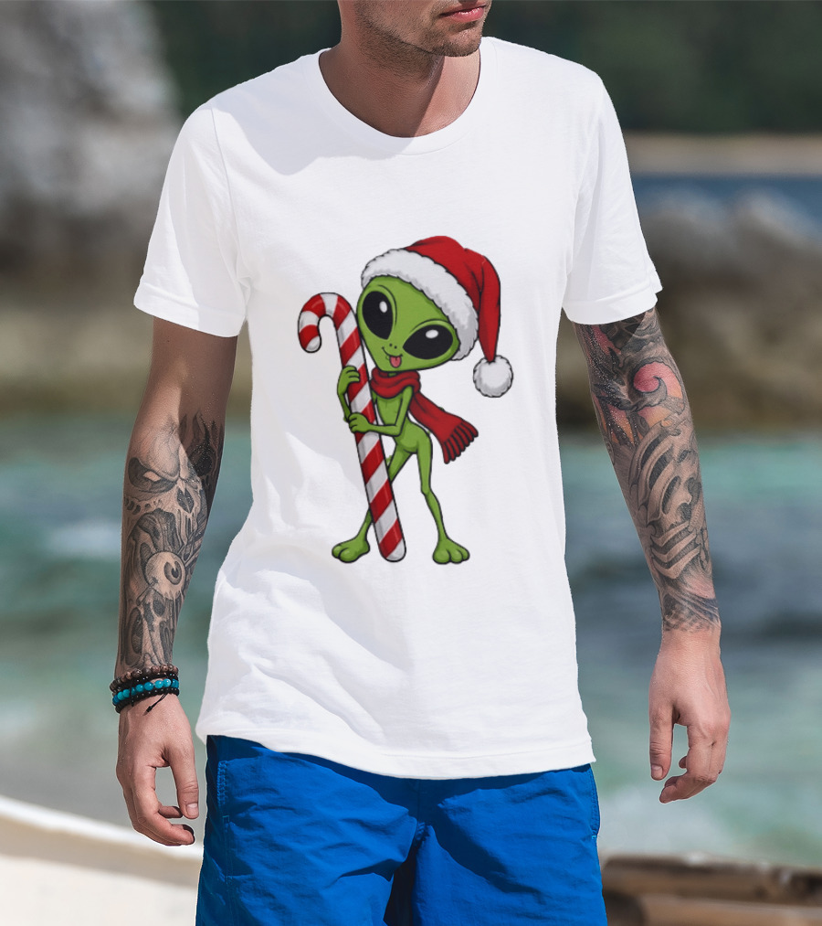 Green Santa Hat Alien With Red Scarf Holding Candy Cane Christmas T-Shirt