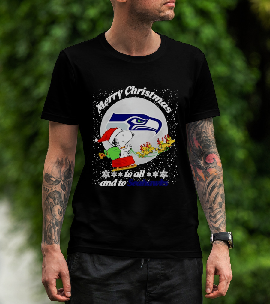 Snoopy Merry Christmas Seahawk Fans Festive Holiday Greeting T-Shirt