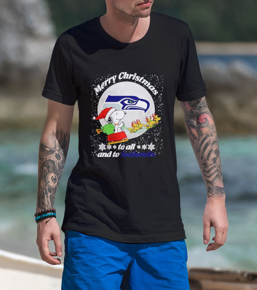 Snoopy Merry Christmas Seahawk Fans Festive Holiday Greeting T-Shirt