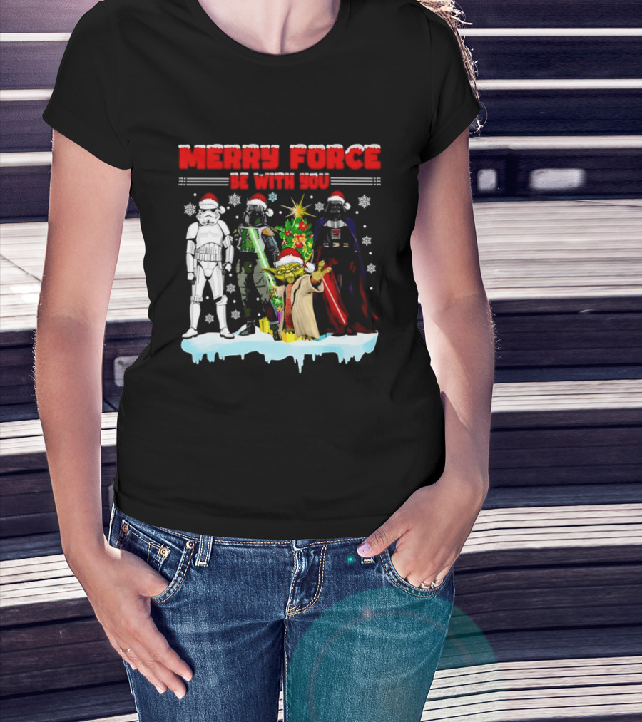 Star Wars Merry Force Be With You Christmas Characters Stormtrooper Yoda Darth Vader Santa Hats T-Shirt