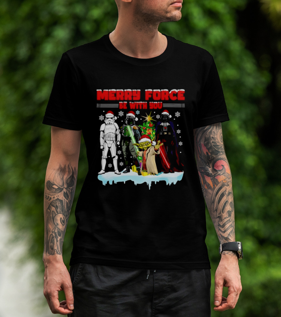 Star Wars Merry Force Be With You Christmas Characters Stormtrooper Yoda Darth Vader Santa Hats T-Shirt