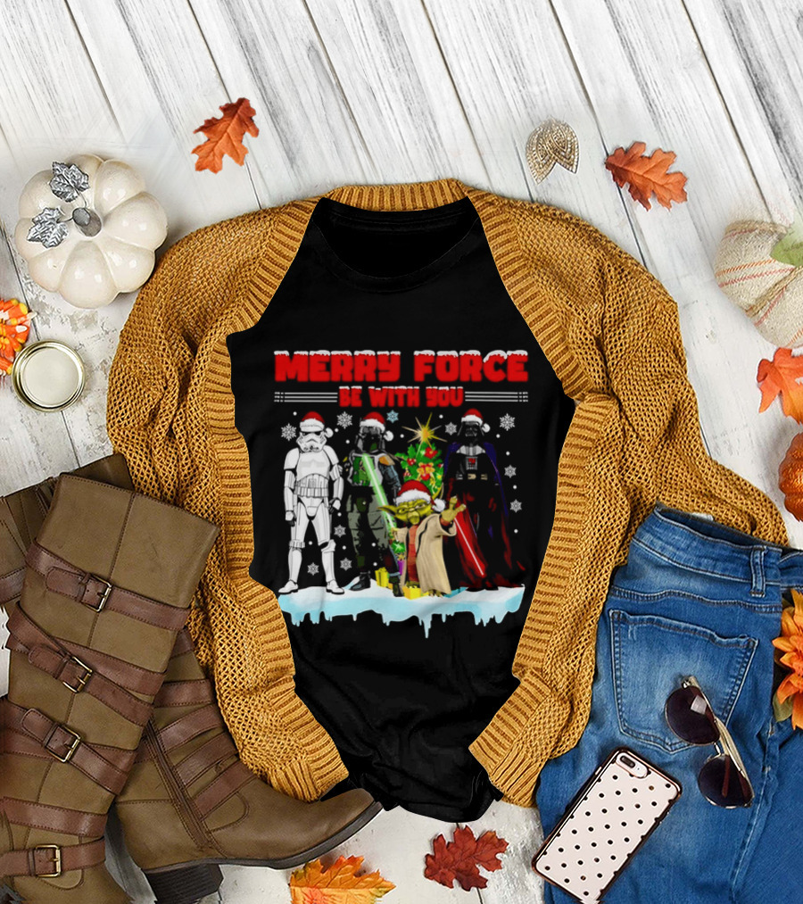Star Wars Merry Force Be With You Christmas Characters Stormtrooper Yoda Darth Vader Santa Hats T-Shirt